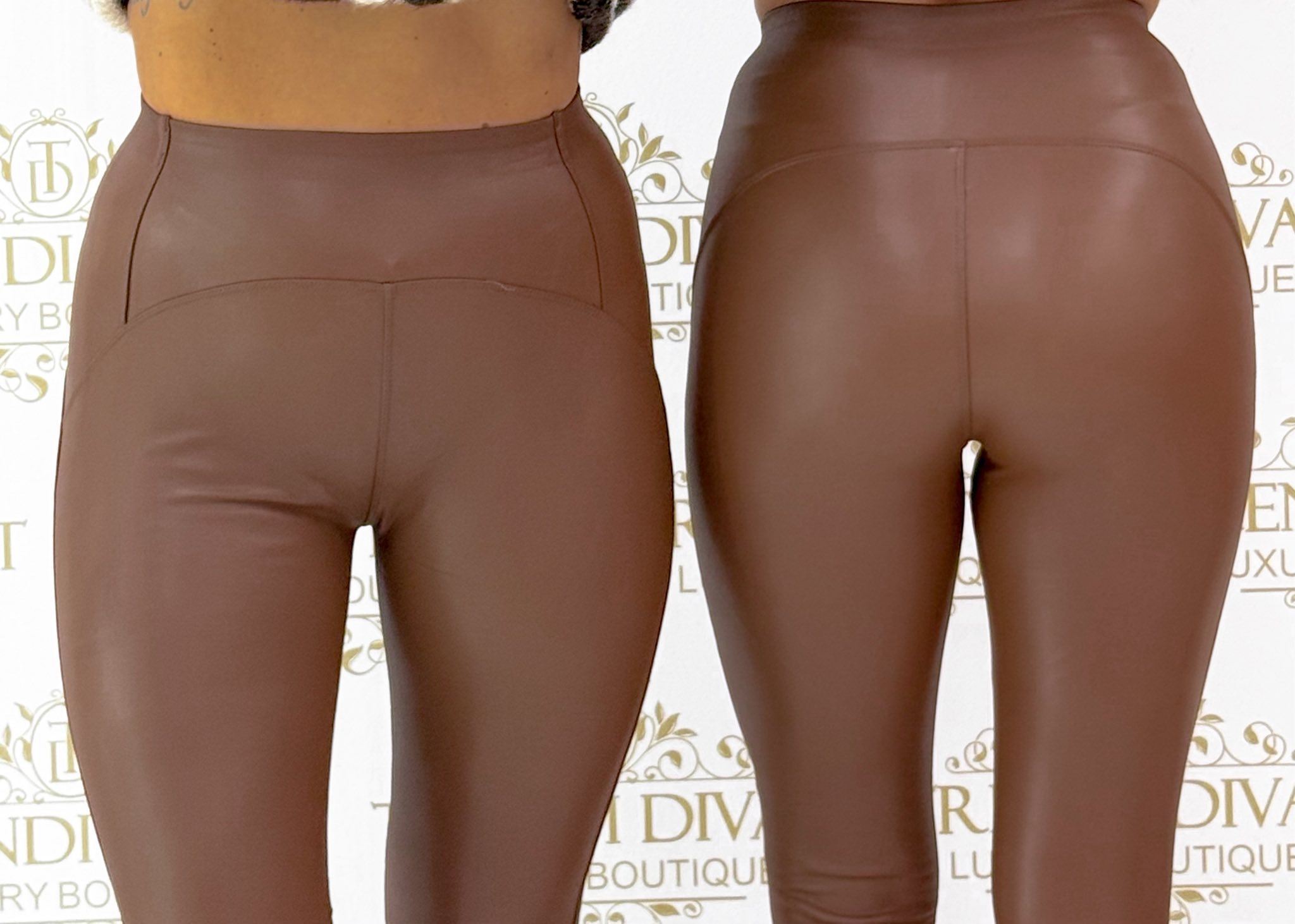 Alakformáló, bolyhos belsejű, bőr hatású, csokibarna színű leggings „6856” - Image 2
