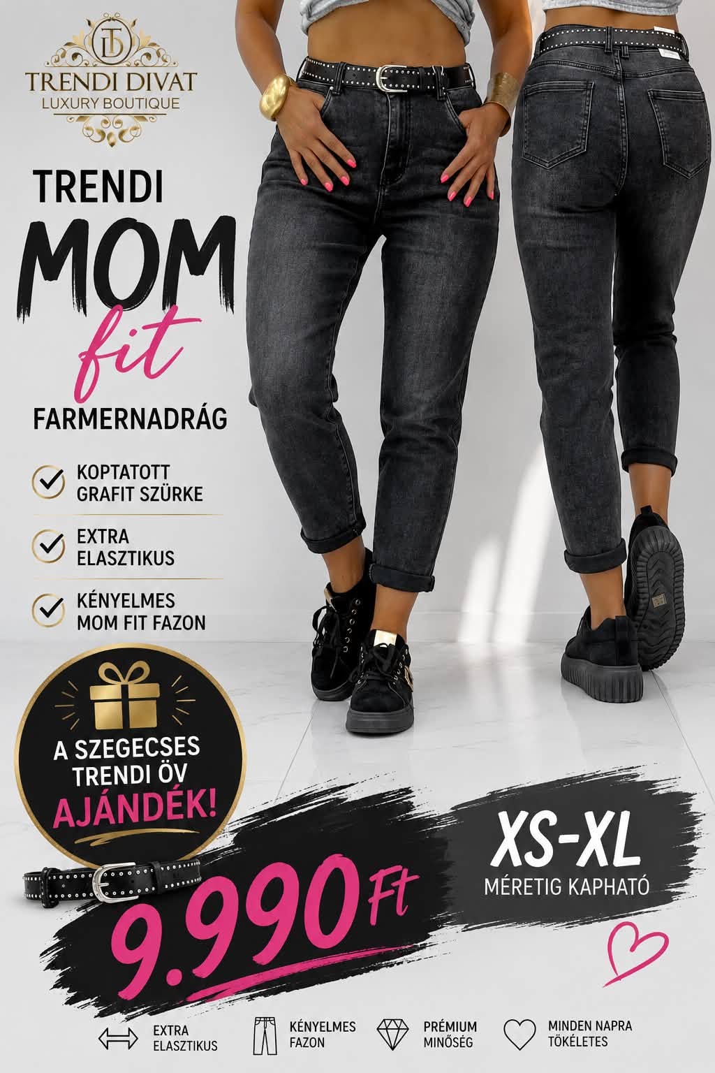 Koptatott fekete mom fit női farmernadrág szegecses övvel "BF5567-B" - Image 2