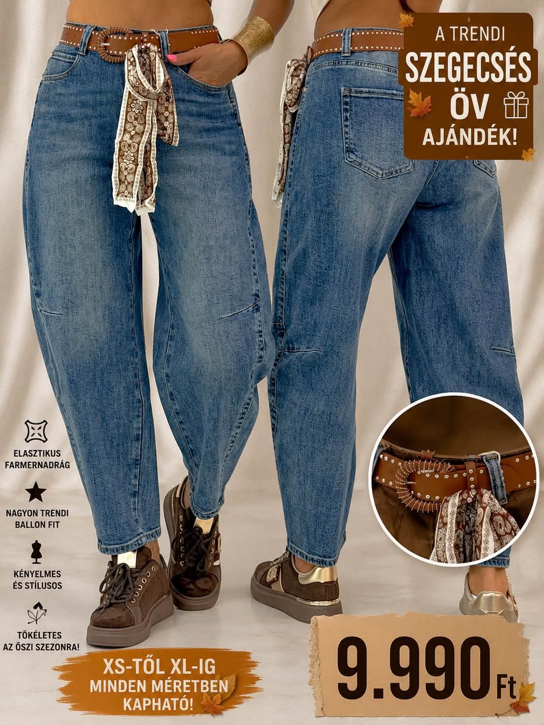 Mom fit női kék farmernadrág, díszvarrással és ajándék övvel "BG1723-H" - Image 5