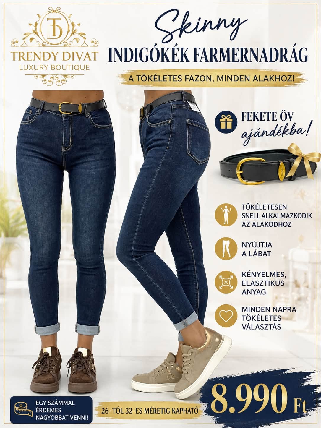 Sötétkék skinny női farmernadrág ajándék övvel "SZ3336" - Image 2