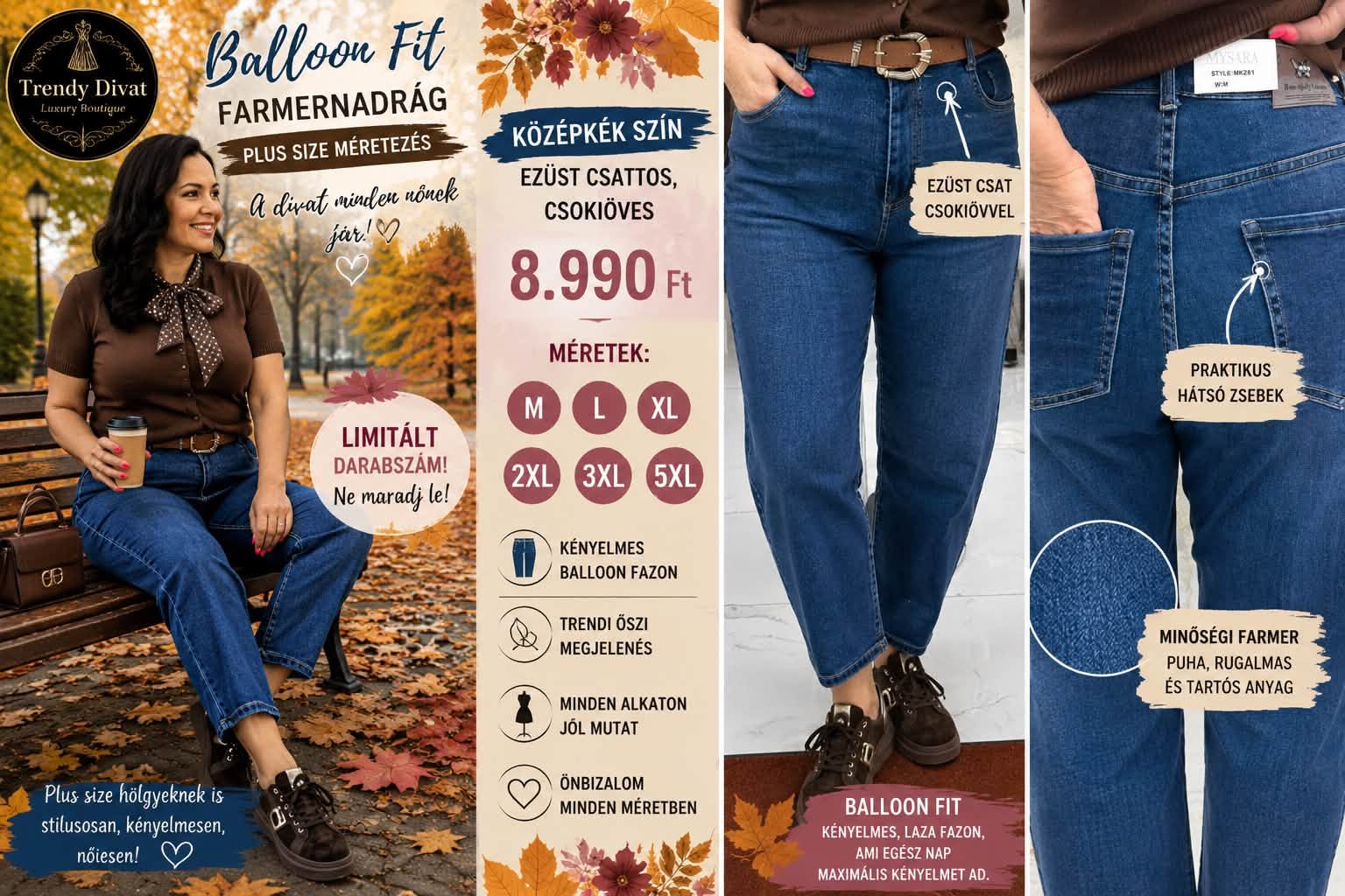 Plus size, magas derekú sötétkék női baloon fit farmer barna övvel "MK281" - Image 3