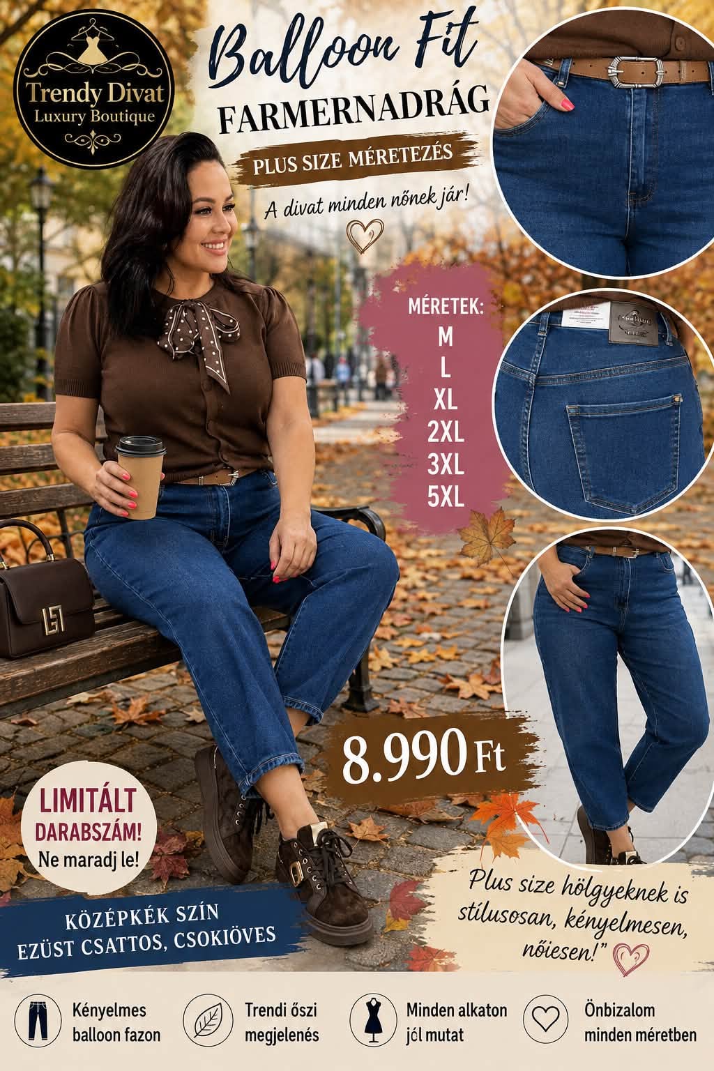 Plus size, magas derekú sötétkék női baloon fit farmer barna övvel "MK281"