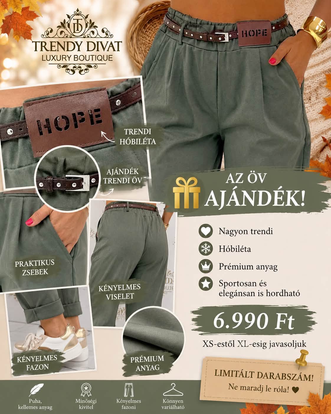 Lefelé szűkülő szárú női szövetnadrág, "HOPE" bilétával, ajándék övvel - Image 22