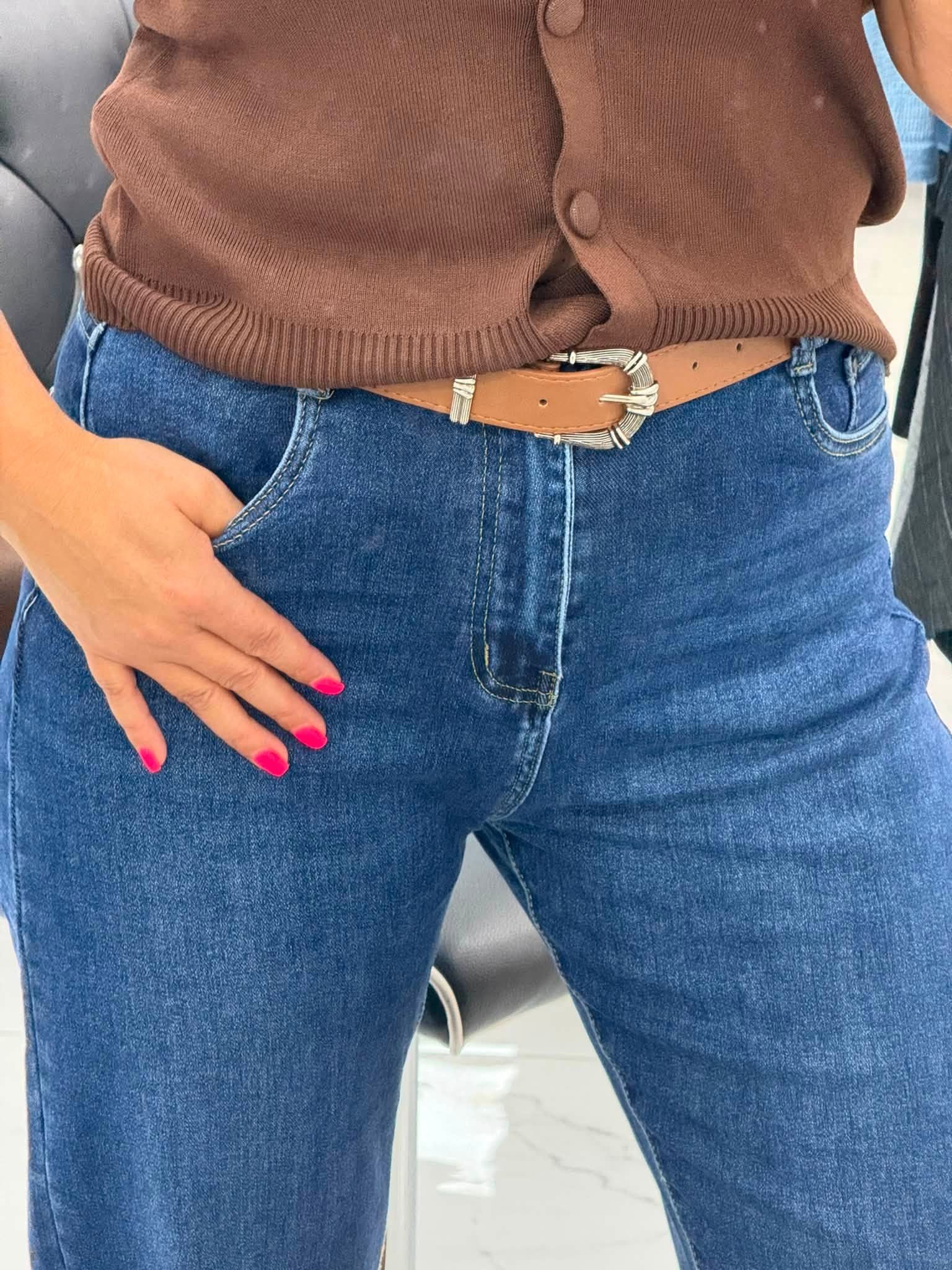 Plus size, magas derekú sötétkék női baloon fit farmer barna övvel "MK281" - Image 6