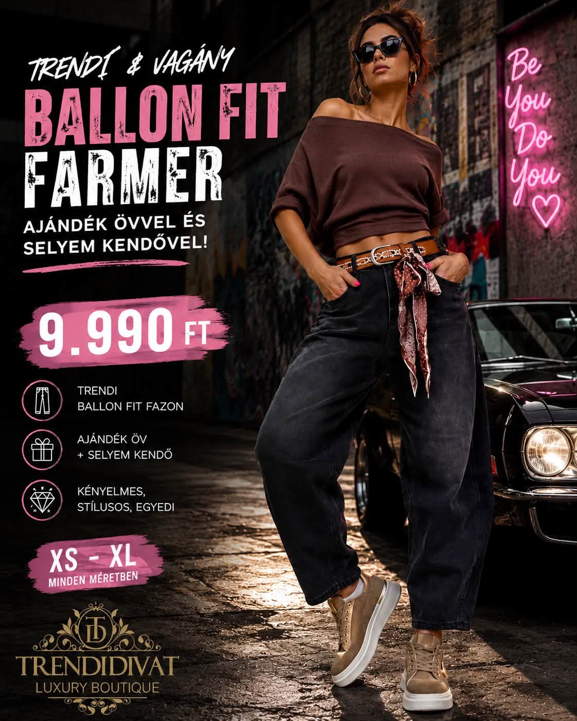 Magas derekú női balloon farmernadrág övvel – koptatott fekete lezser nadrág "BG1721-B"