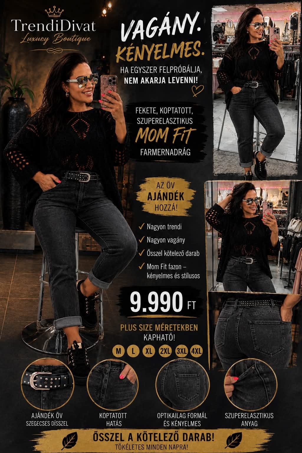 Plus size, koptatott fekete magas derekú női farmernadrág szegecses övvel "M1382-B" - Image 7