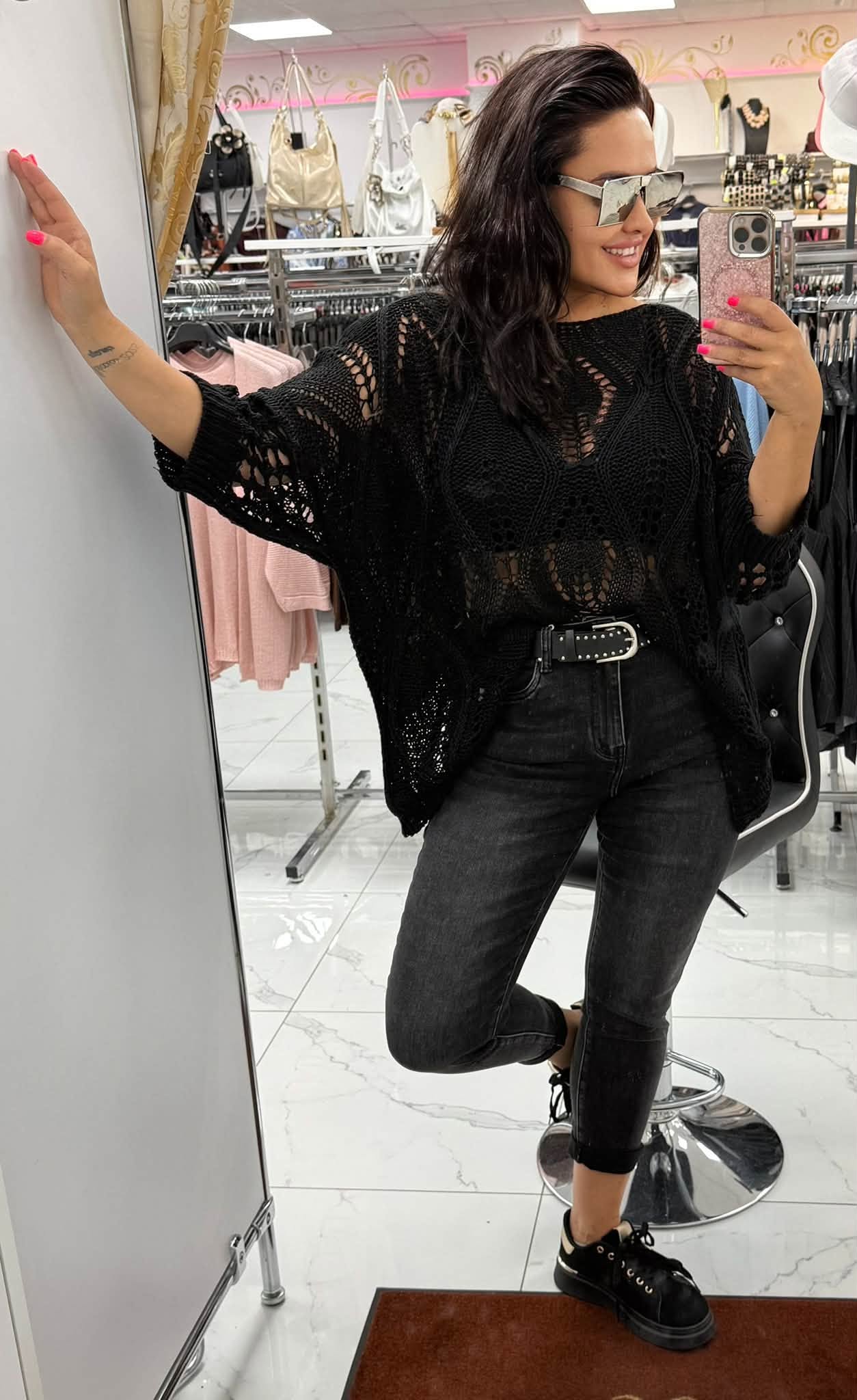 Plus size, koptatott fekete magas derekú női farmernadrág szegecses övvel "M1382-B" - Image 3