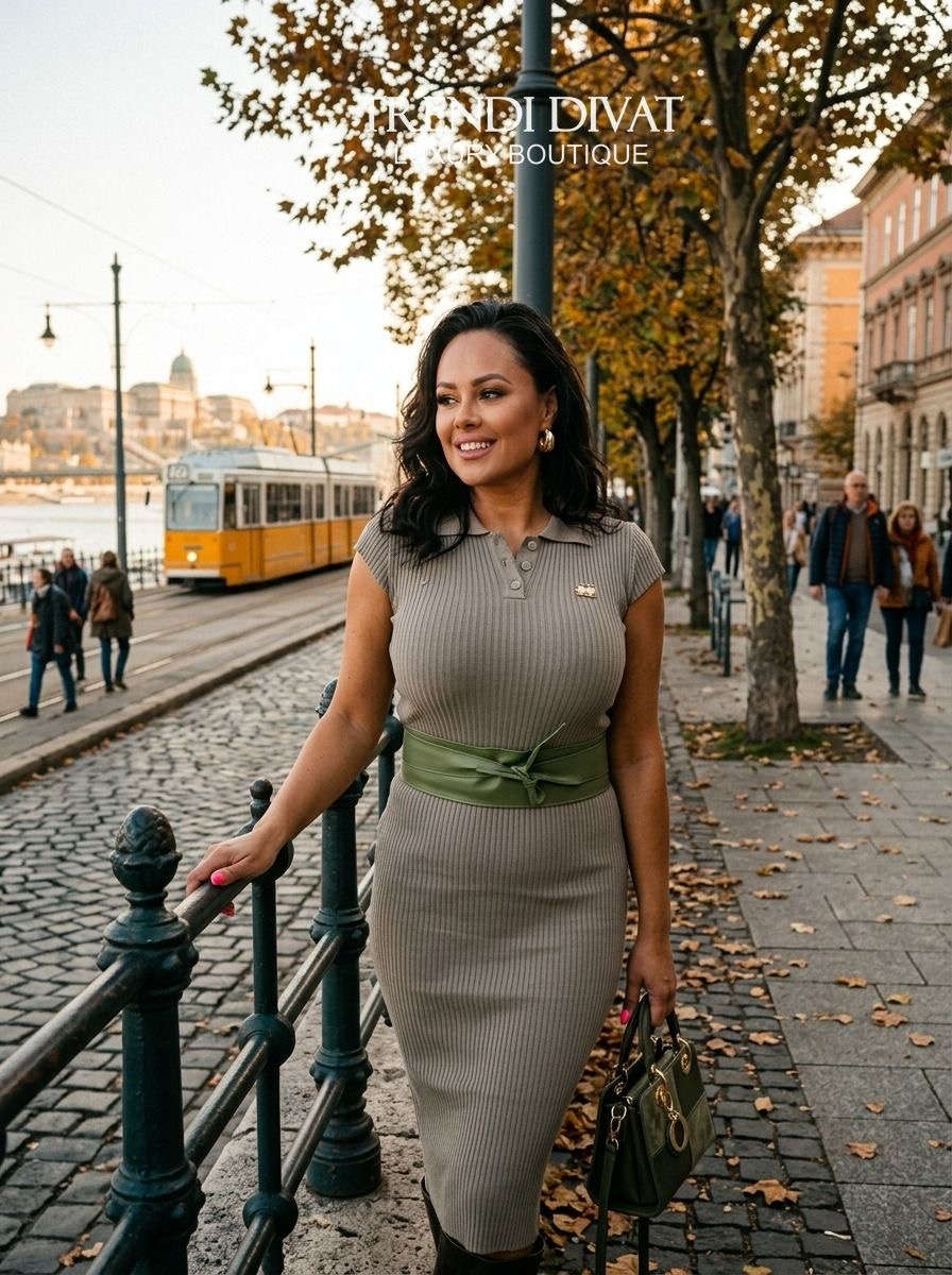 Galléros női ruha baglyos ékszerdísszel – bordázott póló midi ruha "FG981" - Image 2